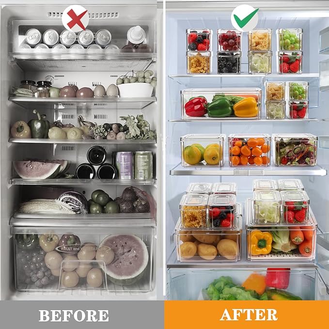 14 Pack Fridge Organizer, Stackable Refrigerator Organizer Bins with Lids PBA-Free, Clear Fridge Organizers and Storage for Kitchen, Countertops, Cabinets, Fridge, Drinks, Fruits, Vegetable, Cereals
