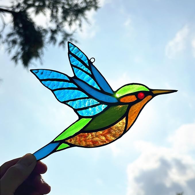 2 Packs Stained Glass Hummingbird Suncatcher Window Hanging Ornament, Stained Glass Birds Suncatcher for Window Decor, Hummingbird Gifts for Women, Mom, Birds Lovers