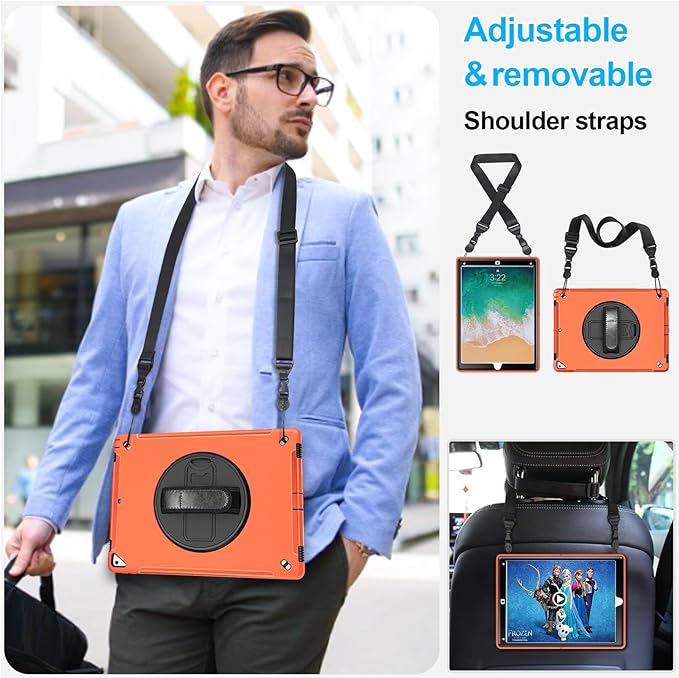 Case for iPad Pro 12.9 2nd Generation 2017 & 2015 1st Generation, Heavy Duty Rugged Shockproof Protective Cover w/ 360° Rotatable Stand + Handle Hand & Shoulder Strap + Pencil Holder-Orange