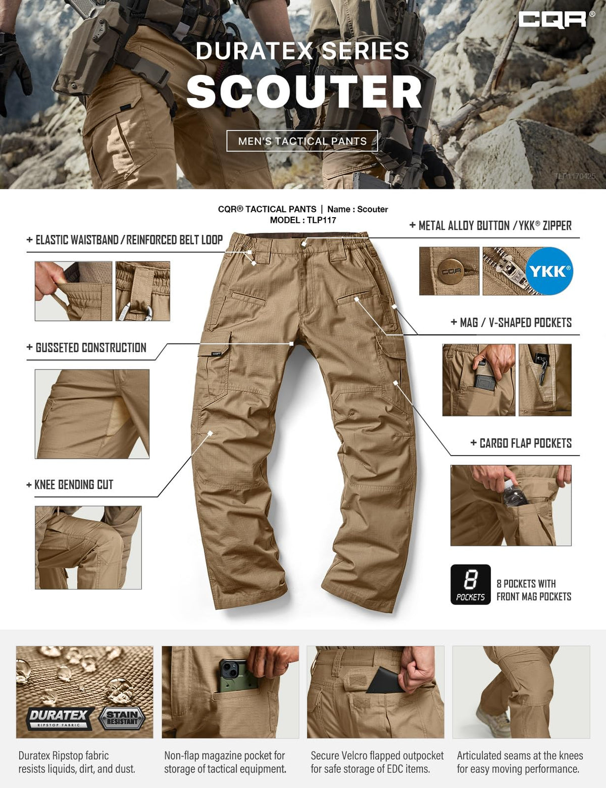 CQR Men's Tactical Pants, Water Resistant Ripstop Cargo Pants, Lightweight EDC Work Hiking Pants, Outdoor Apparel, Raider Cougar, 34W x 30L
