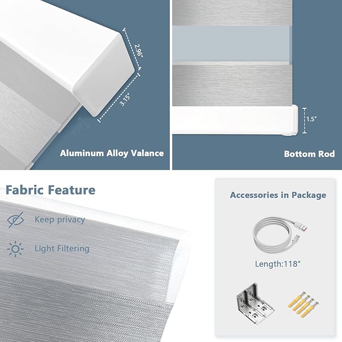 COOLWINDS Motorized Zebra Blinds for Windows Cordless Electric Curtains with Remote Control Blackout Shades Custom Smart Blinds Compatible with Alexa Google Home(Light Filtering Grey,W36 X 72in)