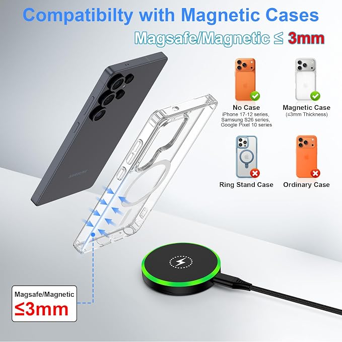 25W Magnetic Wireless Charger for Samsung Fast Charging Pad for Galaxy S26 | Wireless Charger Android with 30W USB C Power Adapter for S25 Plus/S24 FE/S23/S22/S21/Z Flip 7 Magsafe Charger for iPhone