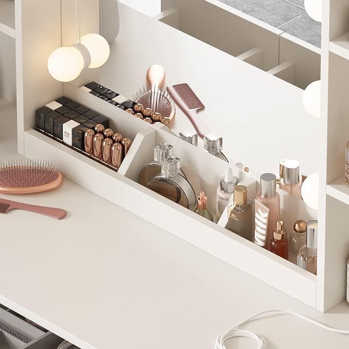Vabches Makeup Vanity Desk with Lights, 3 Lighting Colors, White Vanity Set Makeup Table, Large Vanity with 3 Drawers, 2 Cabinets and Multiple Shelves, 45.2in