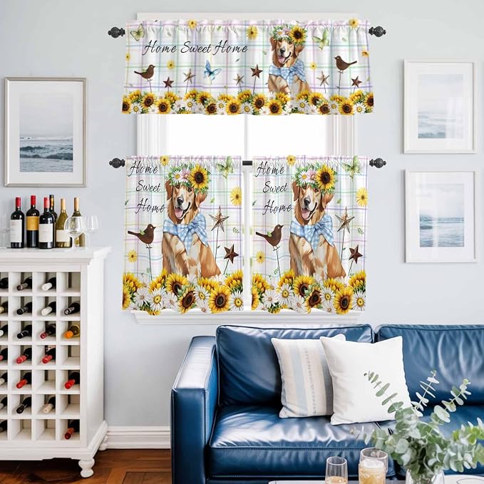 Kitchen Curtains Tiers and Valance Set of 3, Sunflowers Dog Light Filtering