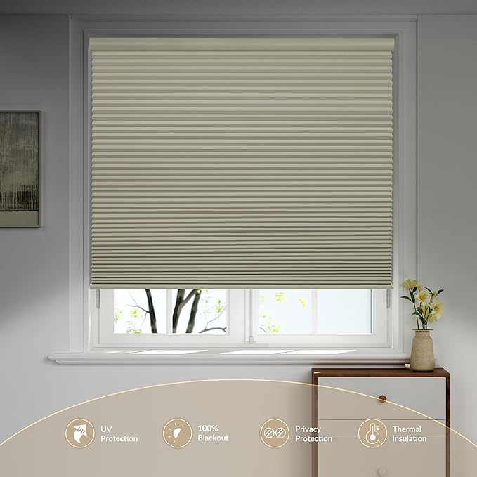 Boolegon Motorized Blinds with Remote, 100% Blackout Smart Blinds, Automatic Cellular Shades for Windows, Rechargeable Electric Honeycomb Shades for Home,Blackout Beige,Custom Size