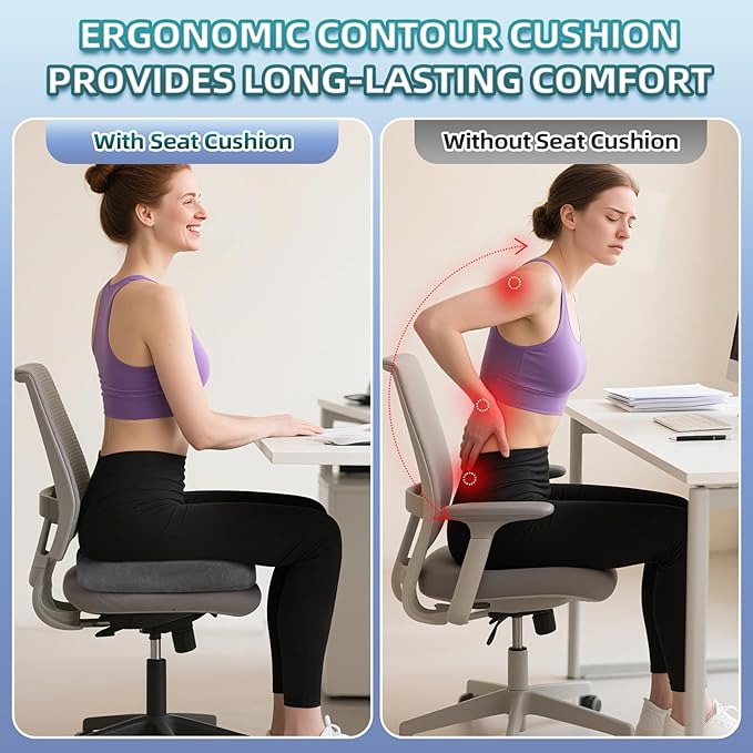 Seat Cushion for Office Chair Memory Foam Coccyx Pain Relief Cushion Pillow for Back Support Non-Slip Seat Pad for Office Desk (Grey)