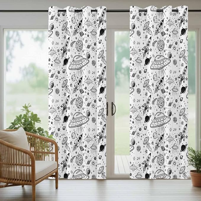 Cartoon Space Outdoor Curtains for Patio Rockets Astronauts Planets Black