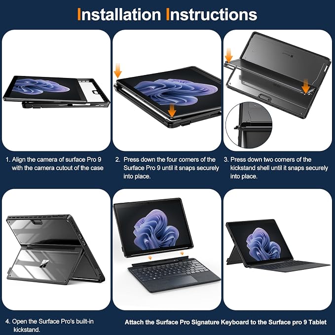 INFILAND Surface Pro 11/10/9 Case Crystal Clear Multi-Angle Shockproof for Microsoft Surface Pro 11th Edition AI 2024 Work with Surface Pro Signature Keyboard &amp Slim Pen 2 Mysterious Black