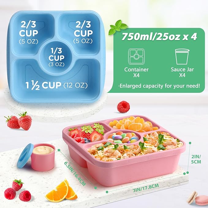 Bento Snack Box Containers for Adults Kids, 4 Pack Lunchable Meal Prep Containers Reusable, Stackable Bento Lunch Box, Food Storage Prep Containers with Lids and 4 Sauce Cups, Pastel Color, Clear Lid
