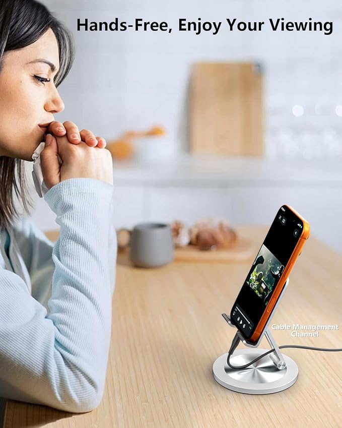 Phone Stand for Desk 360° Rotating Dual Adjustable Foldable Cell Phone Holder Heavy Solid All-Aluminum Base Anti-Slip Stable Support for Home Office Study Fits iPhone Galaxy 4-8 Phones
