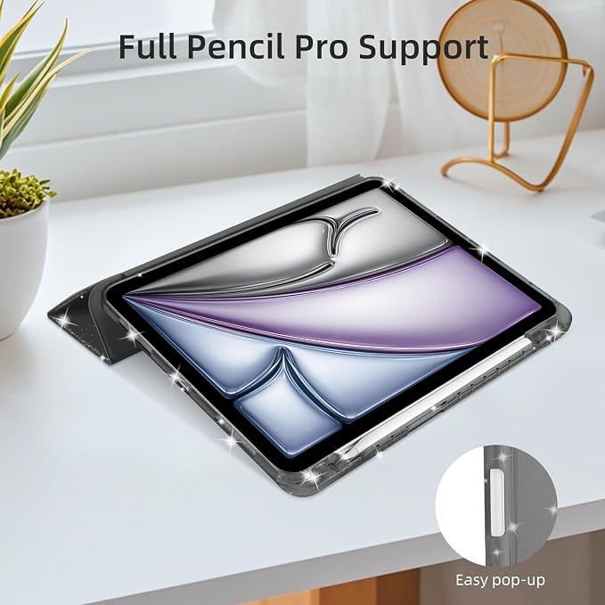 Case for iPad Air 13 Inch (M4/M3/M2 2026/2025/2024) &amp iPad Pro 12.9 6/5th Gen (2022/2021) Glittering Sparkly Cover with Shiny Clear Back Shell Trifold Stand Case with Pencil Holder Black