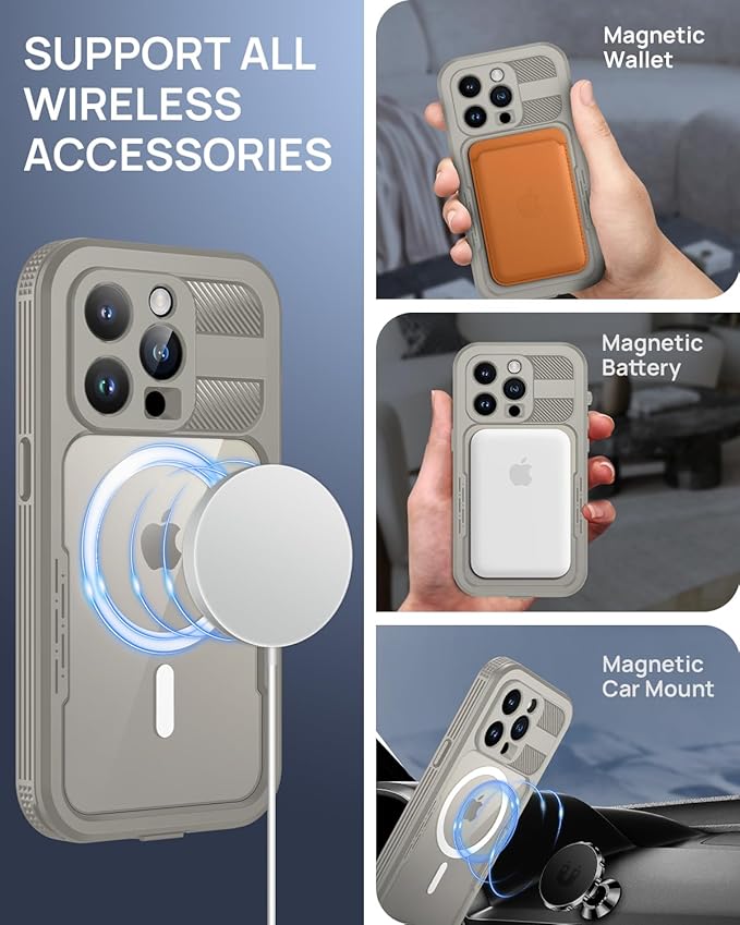 Lanhiem Magnetic for iPhone 15 Pro Max Case, IP68 Waterproof Dustproof Case, [Compatible with Magsafe] [Built-in Screen Protector] Full Body Heavy Duty Rugged Phone Cover 6.7 inch, Natural
