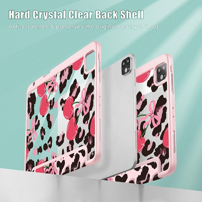 Mektron Case for iPad Pro 11 inch Case M2 2022 Generation 4th Fit 2021 2020 2018 iPad Pro 11 (3rd 2nd &amp 1st Gen) -Buit in Pencil Holder with Shockproof Cover Clear Shell Blue Bows &amp Flower
