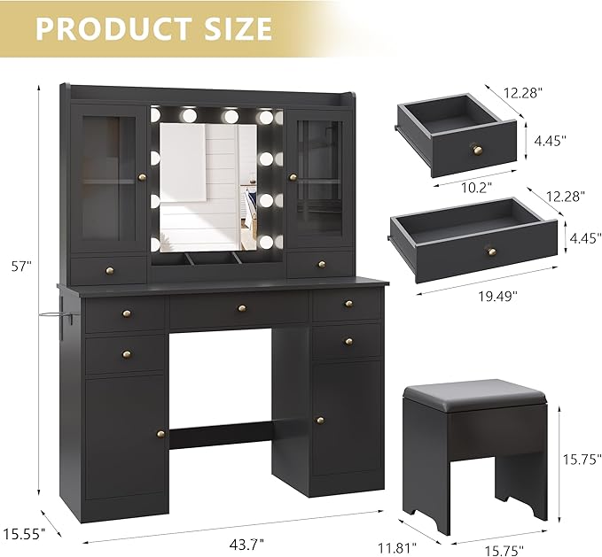 Makeup Vanity Desk with Mirror & LED Lights, Storage Drawers, Charging Station, Cabinets & Stool, Large Dressing Table with RGB Ambient Lighting for Bedroom & Vanity Room