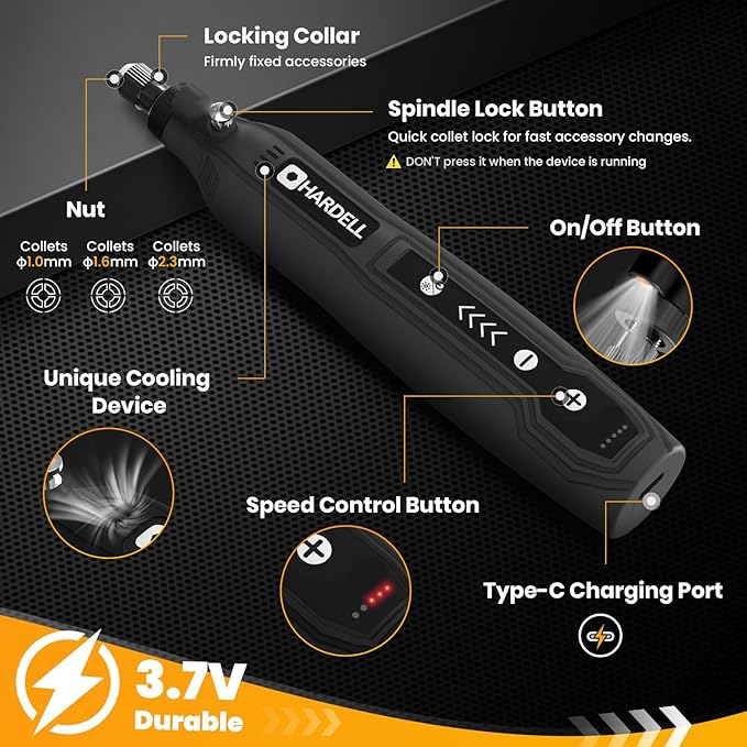HARDELL Mini Cordless Rotary Tool Kit, 5-Speed and USB Charging with 69 Accessories, Multi-Purpose 3.7V Power Rotary Tool for Sanding, Polishing, Drilling, Etching, Engraving, DIY Crafts (Black)