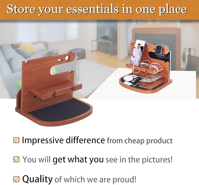 Krismax Wood Phone Docking Station for MenHusbandDad-Nightstand&ampDesk Organizer-Anniversary from Wife-Key Watch&ampEssentials