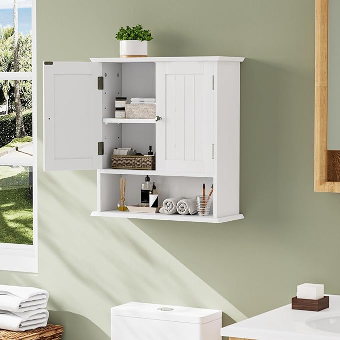Smuxee White Bathroom Cabinet Wall Mounted, Small Bathroom Medicine Cabinet with 2 Door Adjustable Shelves, Bathroom Wall Cabinet Over Toilet for Laundry Room Kitchen