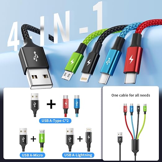 4 in 1 Multi Charging Cable 2 Pack 6FT Charging Cords for Devices | Nylon Braided USB C Car Charger Cable with Dual USB-C IP &amp Micro Ports Long Travel Charging Cord for Cars