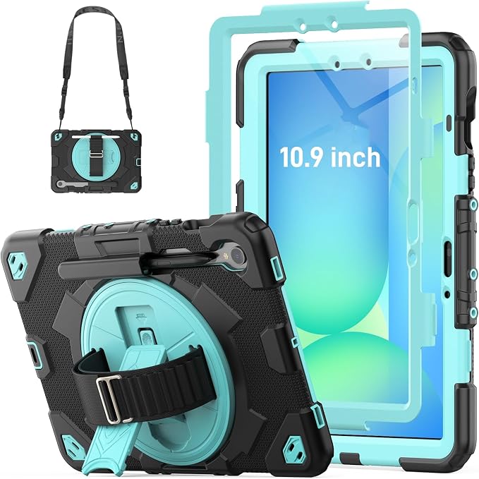 HXCASEAC Case for Samsung Galaxy Tab S10+ Plus / S9 Fe+ / S9+ 5G 12.4 inch Protective with Screen Protector/S Pen Holder/ 360 Rotating Stand Hand Strap - Black