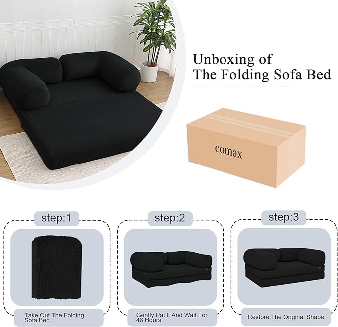 COMAX 4-in-1 Futon Sofa Bed, Queen Size Foldable Couch with L-Shaped Armrests, Convertible Sleeper Chair Bed, Comfortable Lounge Mattress for Living Room and Bedroom, Dark Black