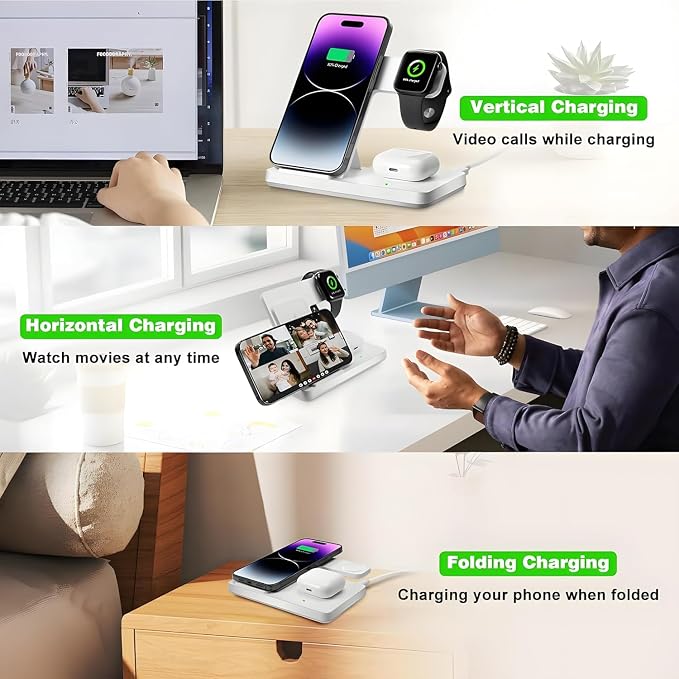 3-in-1 Wireless Charging Station with a Foldable Charging Base Compatible with Multiple Devices Featuring a 15W Fast-Charging Adapter Suitable for iPhone Apple Watch(Black)