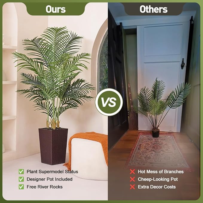 5FT Artificial Palm Tree - Tall Fake Tree with Brown Taper Planter & Pebbles, UV Resistant for Indoor & Outdoor Decor - Large Potted Faux Plant for Living Room, Office, Home Decor,VN130