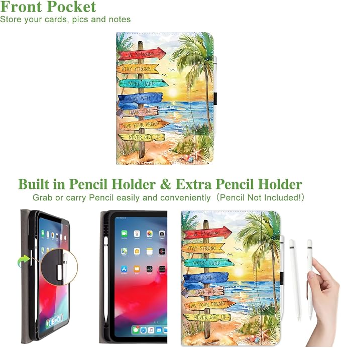 Vimorco for iPad 9th/8th/7th Generation Case 10.2-inch Pencil Holder/Pocket | for iPad Air 3rd Generation Case 10.5-inch for iPad Pro 10.5 Inch Cases Hand Strap Adjustable Angle Beach Path Scenery