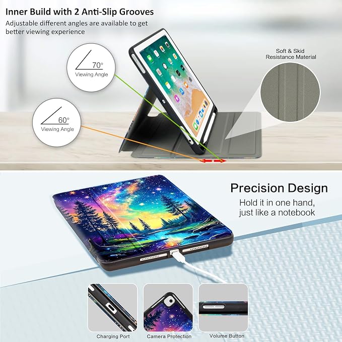 Lokigo Case for iPad 9th/8th/7th Gen 10.2 Air 3rd/Pro10.5 Aurora Forest | Protective Folio Soft Back Cover Pencil Holder for Teens/Students/Office Staffs 4 Angles Viewing Stand Auto Wake/Sleep
