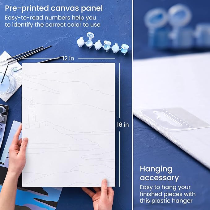 Arteza Paint by Number for Adults, 12x16 Inches, 21 Pieces, Coastal Paint by Numbers Kit with 1 Canvas Panel, 12 Acrylic Paint Pots, 5 Paintbrushes, Art Supplies for Beginners & Hobby Painters