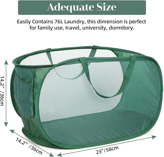 4 Pack Collapsible Laundry Baskets, Foldable Laundry Basket with Pocket, Durable Pop Up Hampers, Reinforced Handles Dirty Clothes Hamper for Laundry, Bedroom, Bathroom, Dorm, Travel or Camping Green