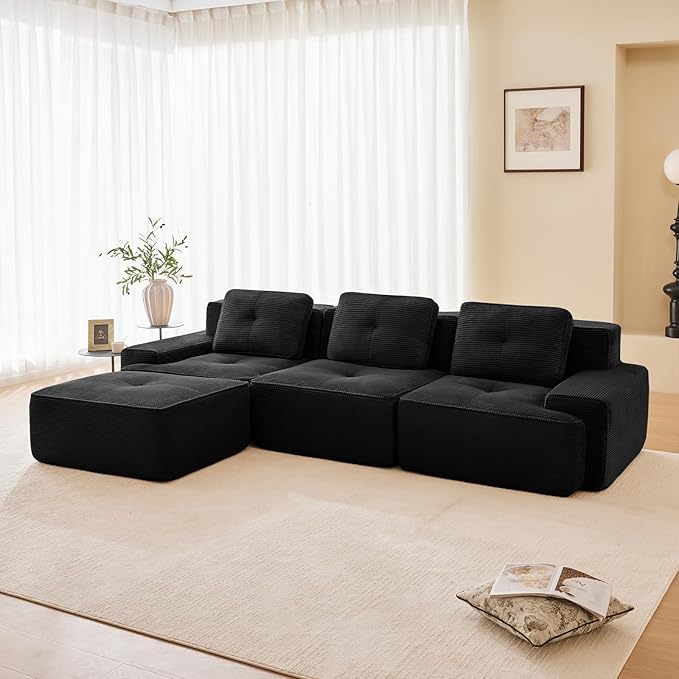 115" Modern Corduroy Cloud Sofa with Ottoman, L Shaped Boneless Modular Large Sectional Couches for Living Room, Black 3 Seater Compressed Memory Foam Couch, Extra Deep Seat, No Assembly