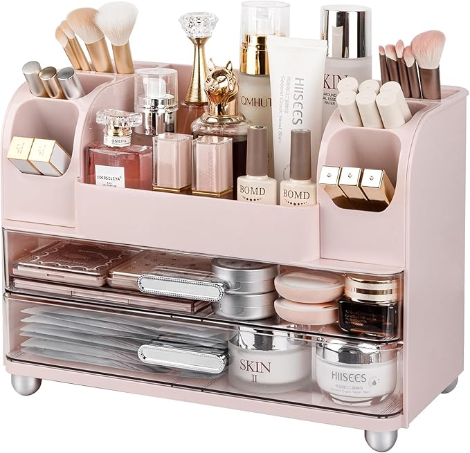 Anyoifax Makeup Organizer Countertop with Large Drawers, Vanity Organizer with Brush Holder, Skin Care Storage for Dresser, Perfume Organizer for Lotion, Lipsitck, Palette, Pink