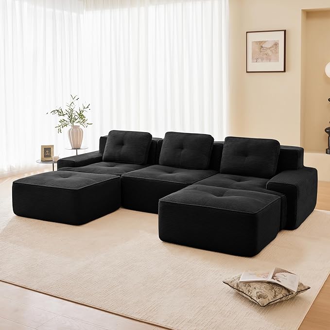 115" Modern Compressed Boneless Couch with Ottoman, 3 Seater Large U Shaped Sectional Couches for Living Room, Black Corduroy Cloud Modular Sectional Sofa, Memory Foam, Extra Deep, No Assembly