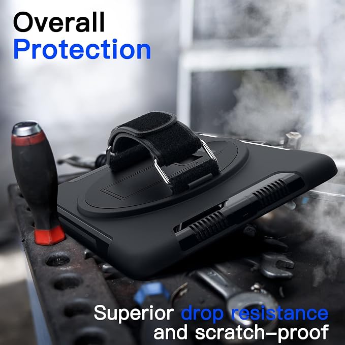 JETech Rugged Case for iPad 6th/5th Gen 9.7 (2018/2017) Black | Built-in Screen Protector 360° Rotating Hand Strap Stand Heavy Duty Shockproof Protection