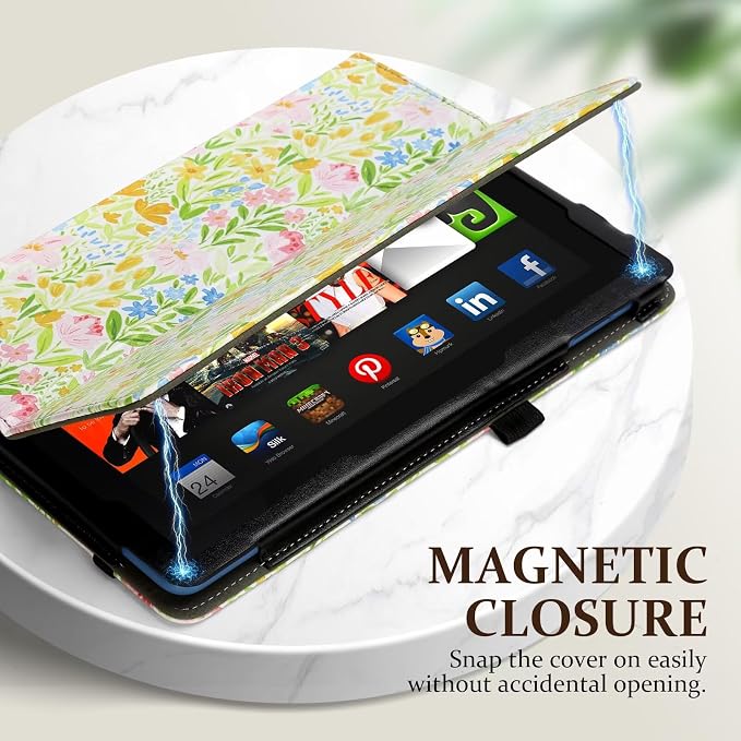 Fancity Case for Kindle Fire HD 10/10 Plus 13th/11th Generation 2023/2021 | Premium PU Leather Protective Case with Adjustable Angles Auto Wake/Sleep Hand Strap for Fire HD 10/10 Plus Black Floral