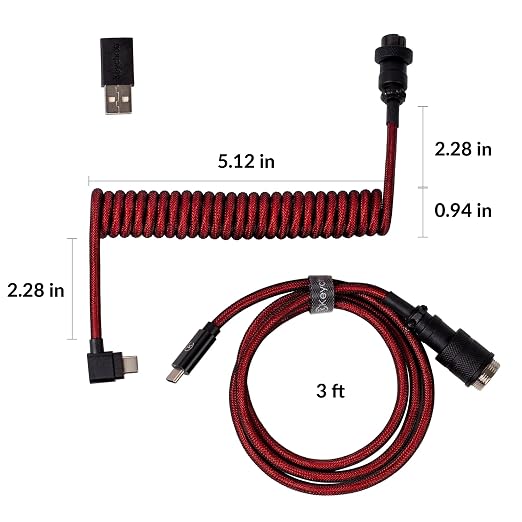 Keychron Premium Coiled USB-C Angled Purple Cable 5-Pin GX16 Detachable Metal Connector USB-A Adapter Double-Sleeved Design for Mechanical Keyboards Charging and Data Sync