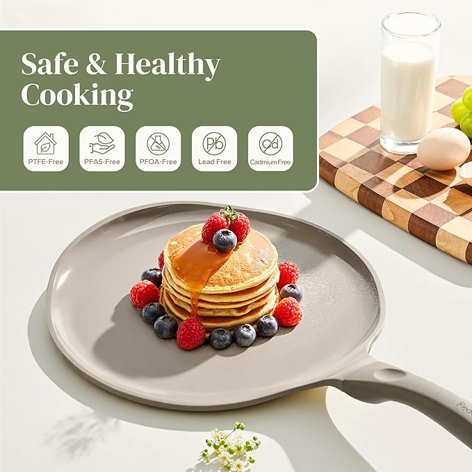 Redchef Nonstick Crepe Pan 12 Inch, Ceramic Comal Tortilla Pan, Non Stick Flat Skillet, Professional Pancake Griddle Pan for Roti Dosa, Induction Compatible, Stay-Cool Handle, PFAS/PTFE Free (Gray)
