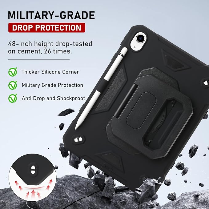 for iPad (A16) 11th Generation Case 11 Inch 2025/ iPad 10th Generation Case 10.9 Inch 2022 with 360 Rotating Grip Magic StandPencil Slot/Key Chain/Carrying Shoulder Strap Cover for iPad 10th Gen