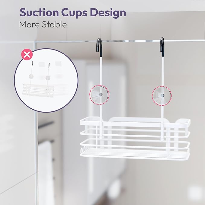 SWTYMIKI Shower Caddy Hanging Organizer - Over the Door Shower Caddy with 6 Hooks, 2 Installation Ways, Stainless Steel Rustproof Bathroom Organizer, White