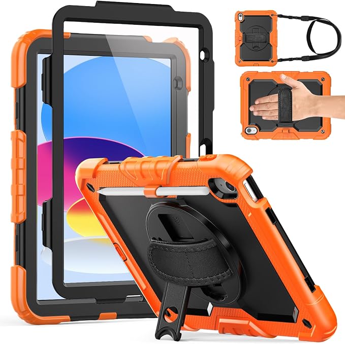 Weuiean Case for iPad A16 11th/10th Generation 11/10.9 Military-Grade Heavy-Duty Shockproof Cover with 360° Rotating Stand Built-in Pencil Holder &amp Adjustable Hand/Shoulder Strap - Black