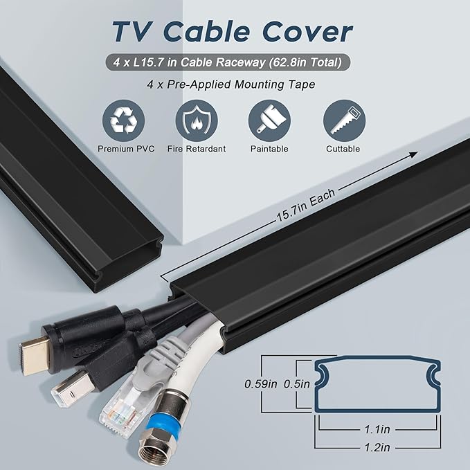 62.8in TV Cable Hider - Cord Hider Cable Management Wall, Cable Raceway Black Wire Hider, Paintable Cable Concealer for Wall Mounted TV, Wall Wire Covers for Cords, 4* L15.7in *W1.2in *H0.59in
