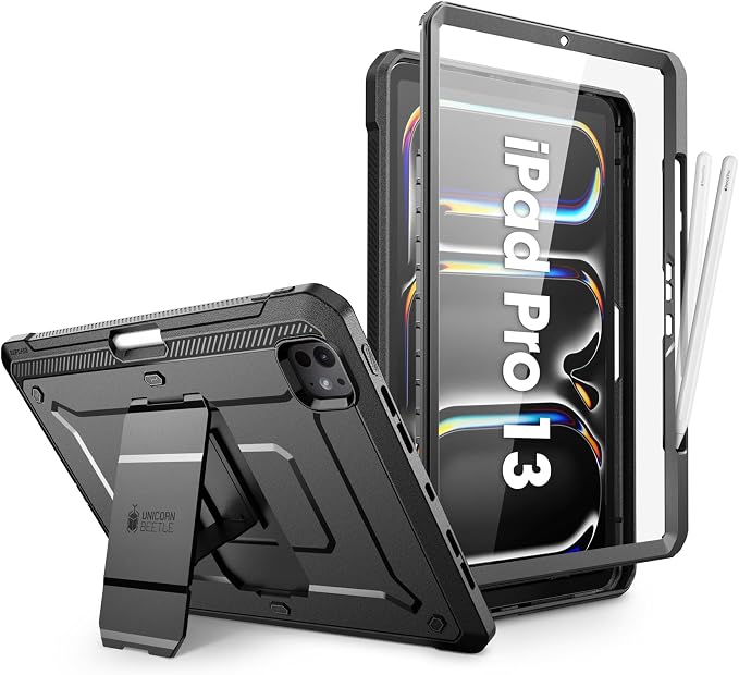 SUPCASE for iPad Pro 11 inch Case M5/M4 2025/2024 with Pencil Holder Black | Built-in Screen Protector Built-in Stand Support Apple Pencil's Wireless Charge Heavy Duty Protection Unicorn Beetle Pr