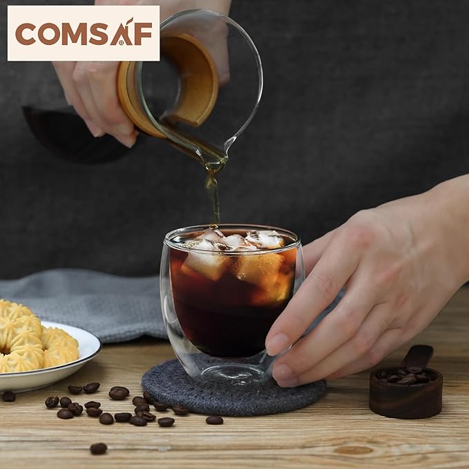 ComSaf 8oz Glass Coffee Mugs Set of 6, Double Walled Insulated Thermal Mugs for Latte Cappuccino Cocoa Milk Cafe Juice Tea, Clear Espresso Cups Set Glassware Gift for Christmas Birthday