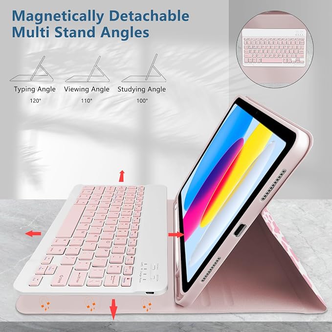 for Bluetooth Keyboard for iPad 10th Gen 10.9 inch (2022) case (A16) 11th / 10th Gen Case 11'' (2025) with 7-Color Backlights Pencil Holder Detachable Rechargeable - Black Cow