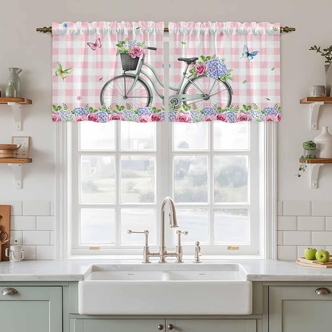 Spring Tier Curtains, Bicycles Leaves Butterfly Flowers Pink Buffalo Plaid