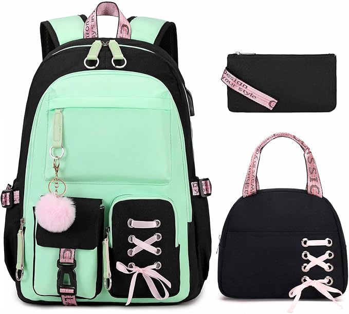 Backpacks for Girls, Girls Backpack with Lunch Box and Pencil Case for Teen Kids Elementary Middle High School College Student, Children Backpack Bookbag with USB Charging Port (Black Green)