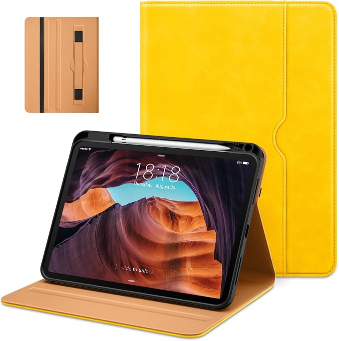 DTTO for iPad (A16) 11th Generation 11-inch &amp 10th Gen Case Brown | Premium Leather Business Cover with Pencil Holder Hand Strap &amp Pocket Corner Protection Auto Sleep/Wake for Work &amp