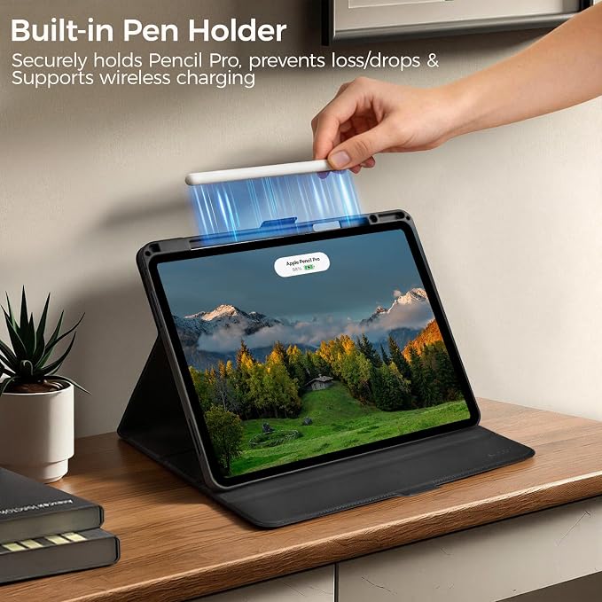 for iPad Pro 13 Inch Case M5/M4 (2025/2024) Black | Slim LightweightPremium Vegan Leather CoverPencil HolderAuto Sleep/WakeMulti Viewing AngleTyping AngleMagnetic Clasp