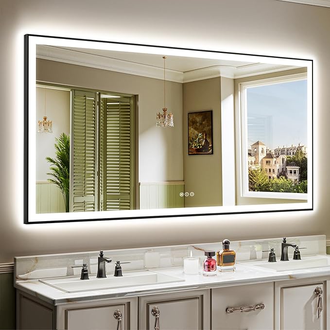 YEELAIT 66x36 Inch LED Bathroom Mirror with Lights (Front Lit and Backlit) Black Framed Lighted Vanity Mirror for Bathroom Wall Dimmable Anti-Fog Memory Tempered Glass Horizontal/Vertical