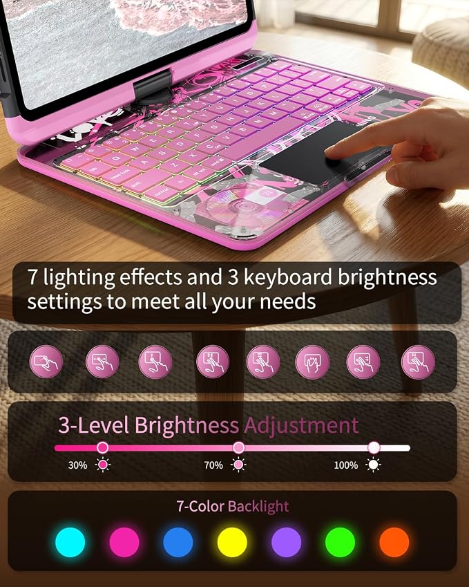 360°Rotation Bluetooth Keyboard Case for iPad 11th Gen（A16）10th 10.9 inch | iPad keyboard case 11/10th generationTouchpadKeyboard Battery Level Visualization360° rotateand 180° flip7-color backlit